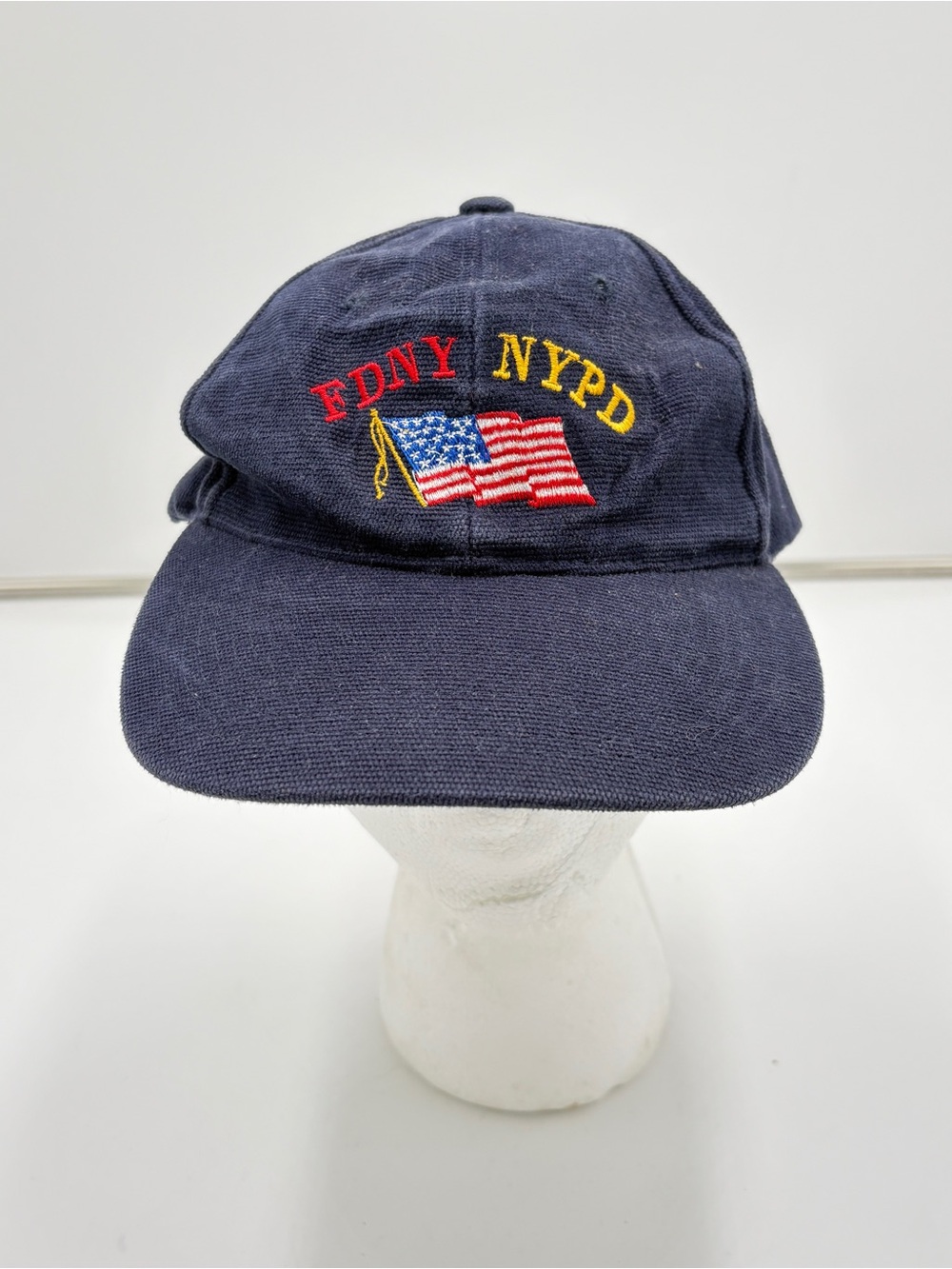 Vintage FDNY NYPD Navy Blue Corduroy Cotton Baseball Cap Hat Adjustable Flag Men